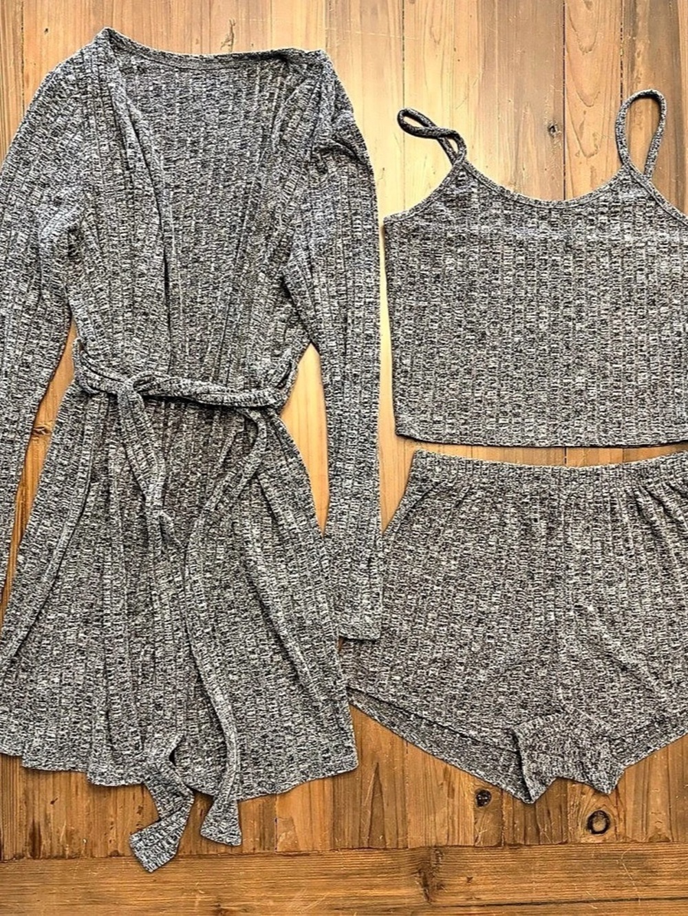 3-Piece Marled Gray Ribbed Knit Loungewear Pajama Set - Robe, Cami & Shorts